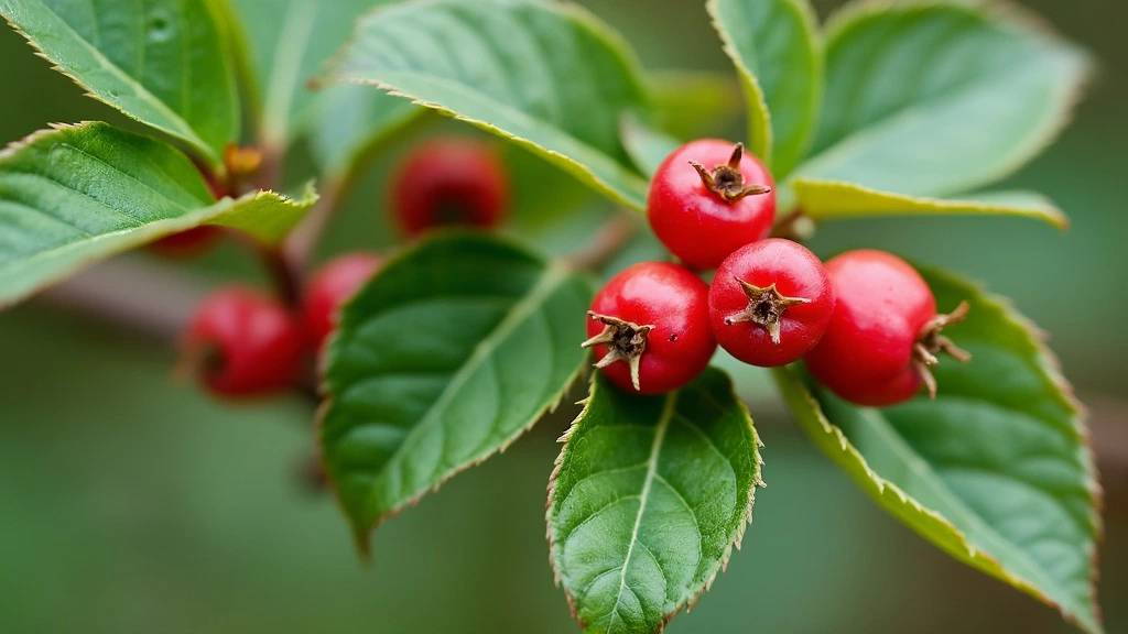 Hawthorn berries between leaves