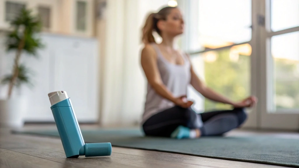 a blurred image of a woman doing yoga and an inhaler in focus nearby