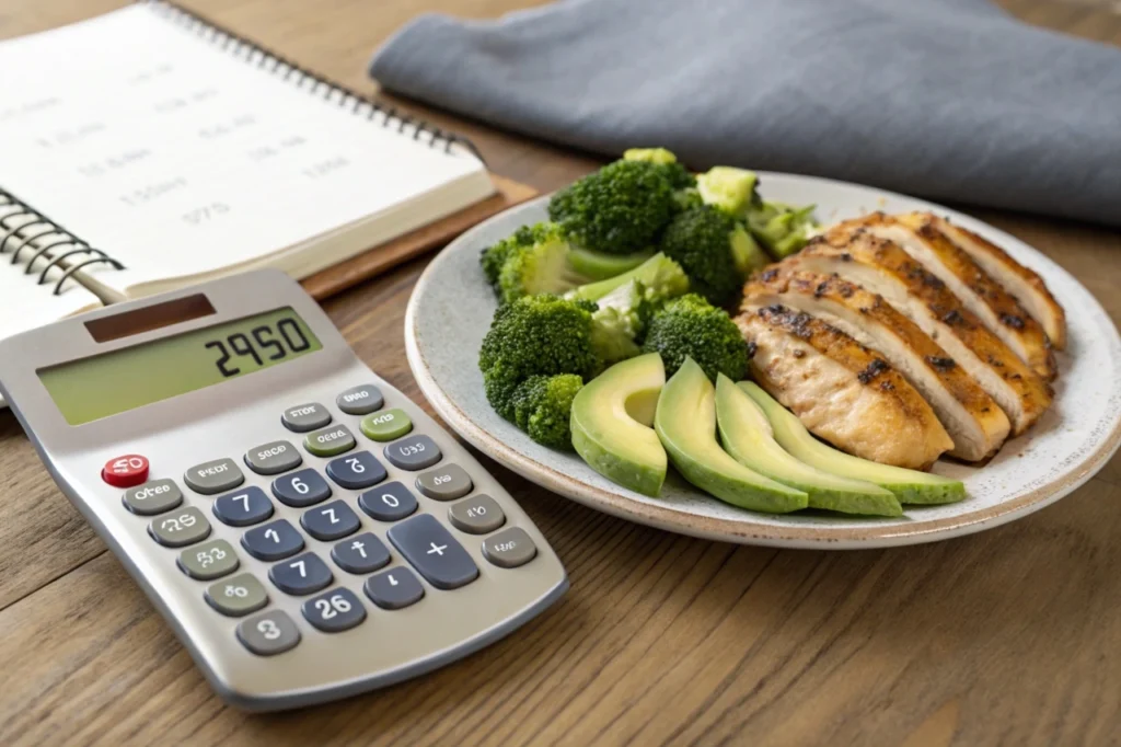 calories calculator next to a plate with healthy keto meal